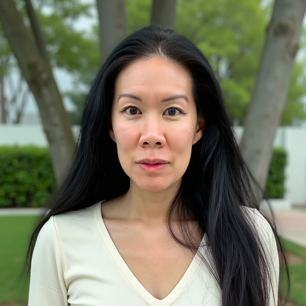 A woman with a peaceful smile, wearing casual attire, standing outdoors in a serene environment.